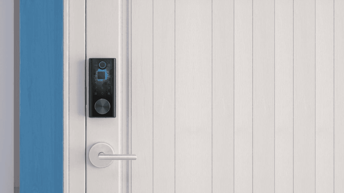 A modern smart lock installed on a stylish white door, featuring an illuminated touchscreen interface for enhanced security and convenience. Perfect for keyless entry and smart home integration.
