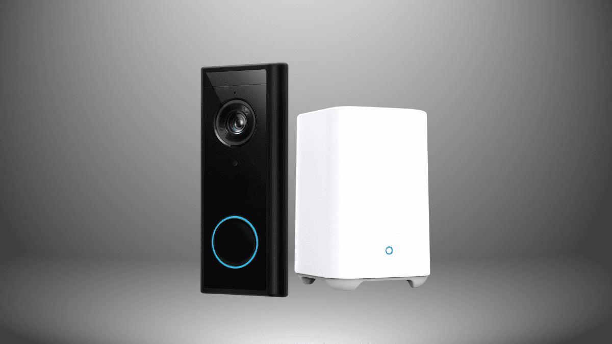 A sleek video doorbell with an HD camera and glowing ring, paired with a wireless hub for enhanced home security and real-time alerts.