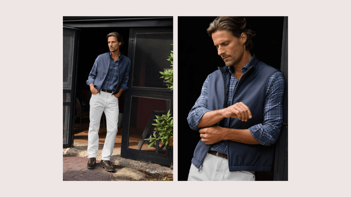 Layered elegance with a navy plaid shirt and coordinating vest, paired with crisp white trousers. Ideal for outdoor gatherings or refined casual outings.