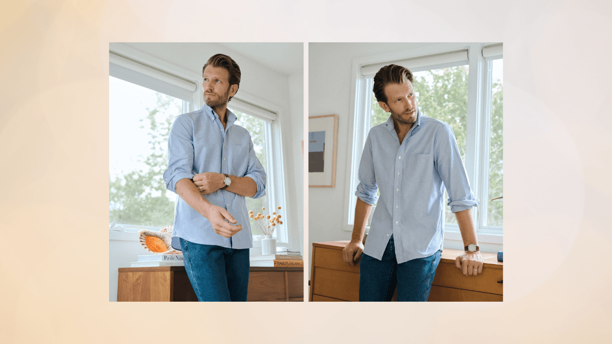 A crisp light blue button-down shirt paired with classic blue jeans offers a polished yet casual look. Perfect for a relaxed day indoors or a stylish outing.
