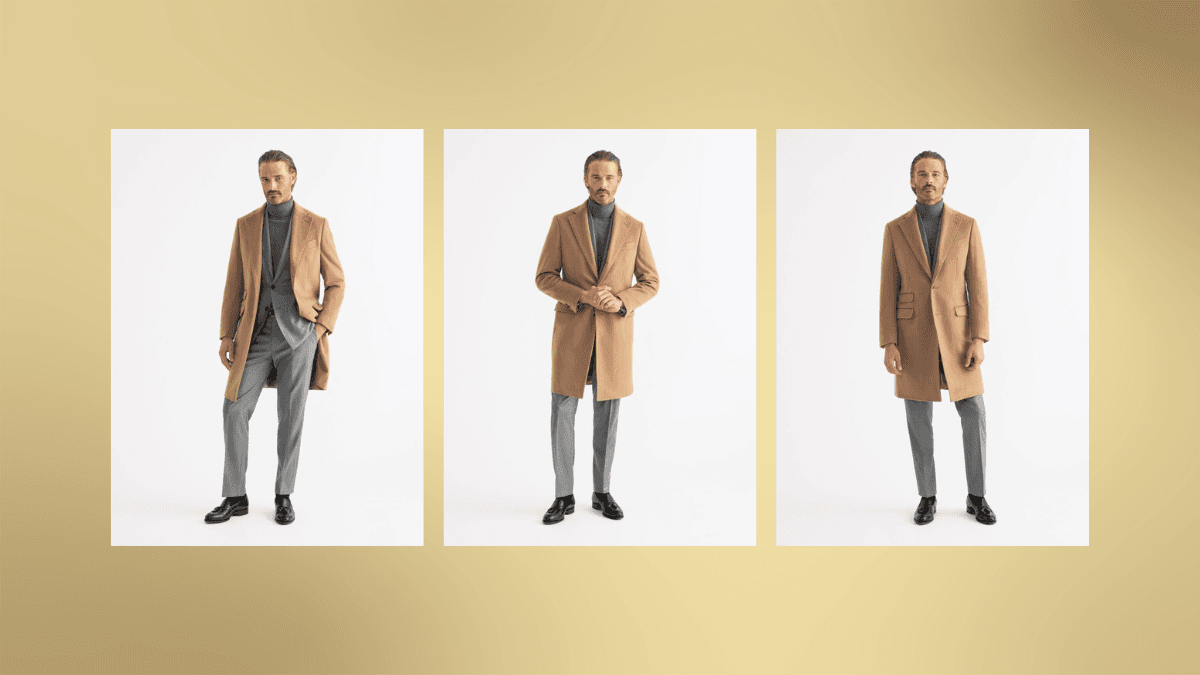 A sophisticated beige overcoat styled in three elegant looks: paired with a gray turtleneck and trousers. The model showcases its versatility, exuding timeless class and modern refinement against a clean white background.