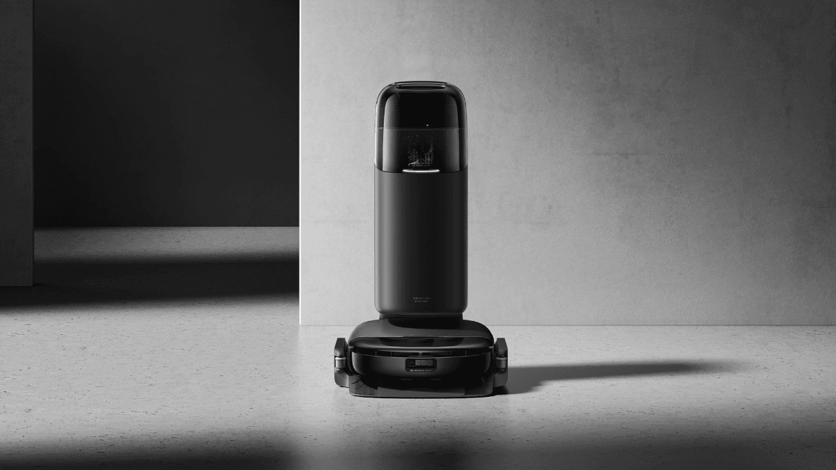 A cutting-edge robotic vacuum cleaner in sleek black with an advanced docking station for automated cleaning and emptying, ensuring effortless home maintenance.