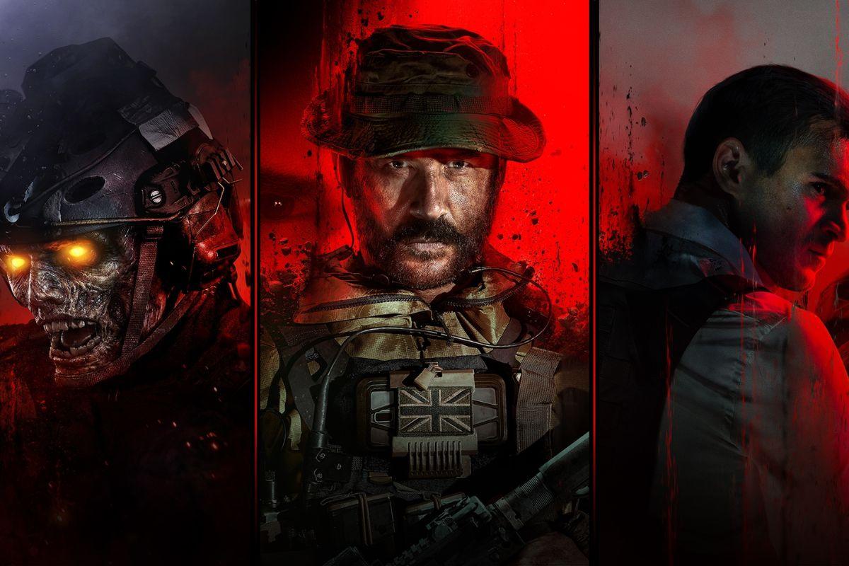 Three intense portraits of characters in a dark, gritty setting: a glowing-eyed zombie, a rugged soldier, and a determined man, each lit dramatically with a red backdrop.