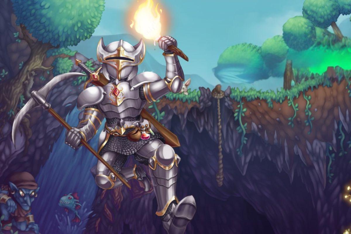 An armored knight holds a torch and pickaxe, exploring a cave with mystical surroundings and lurking creatures in the background.