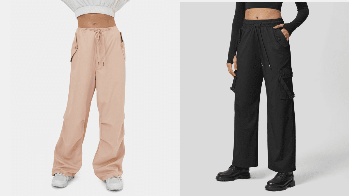 Two models wearing cargo pants: one in light pink with a drawstring waist and white sneakers, and the other in black cargo pants with pockets, paired with black shoes and a long-sleeve crop top, against a neutral background.