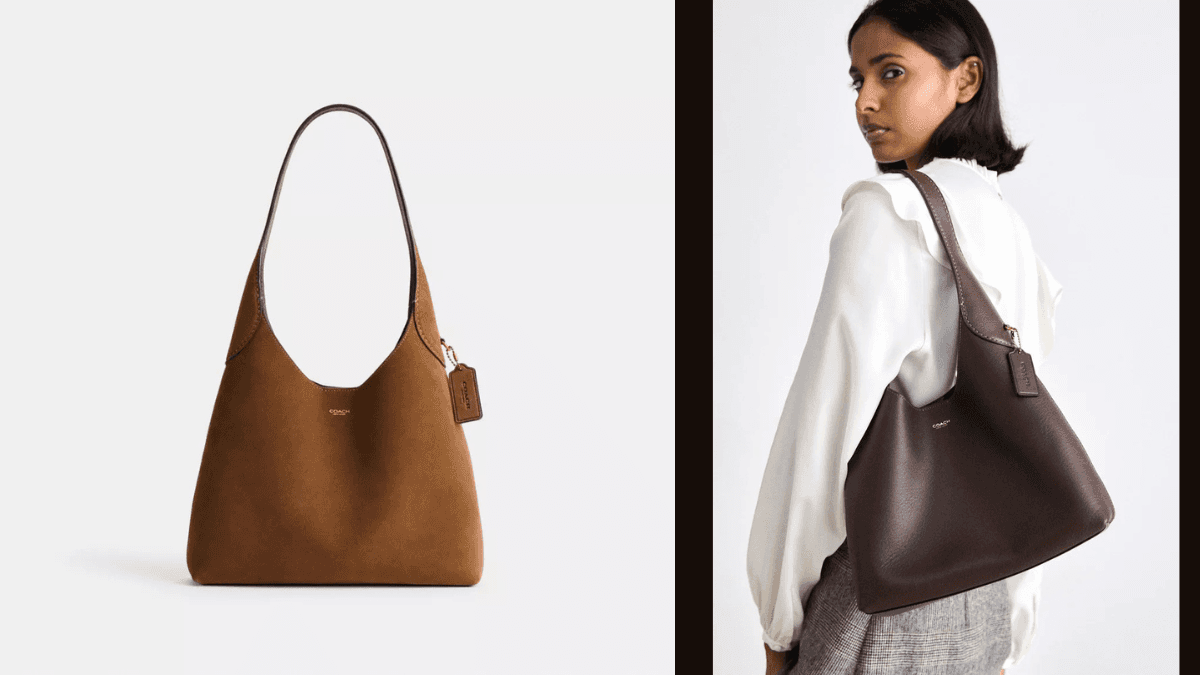 Elegant brown leather handbags displayed side-by-side: one photographed individually and the other worn by a model in a white blouse, highlighting its versatile style.