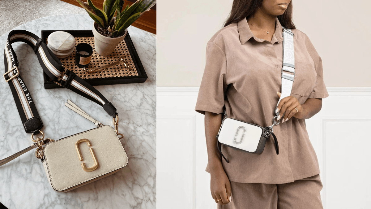 Stylish white crossbody bag with gold hardware: featured on a marble surface with chic decor on the left, and elegantly styled on a model wearing a neutral beige outfit on the right.