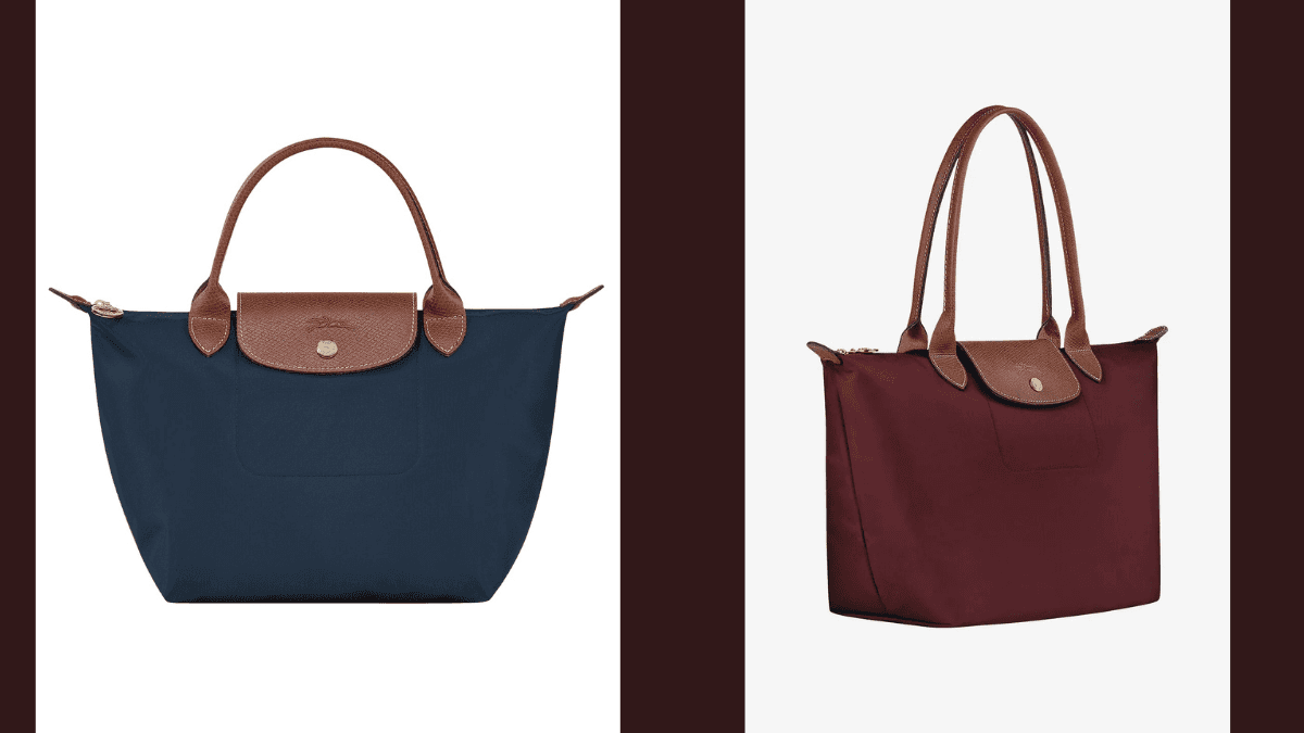 Classic navy and burgundy tote bags with brown leather handles and accents, showcasing an elegant and versatile design perfect for everyday use.