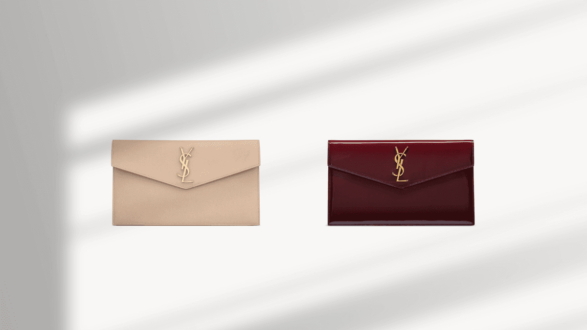 Elegant beige and burgundy designer clutch bags with gold YSL logo, showcasing a luxurious and timeless accessory design perfect for evening events.