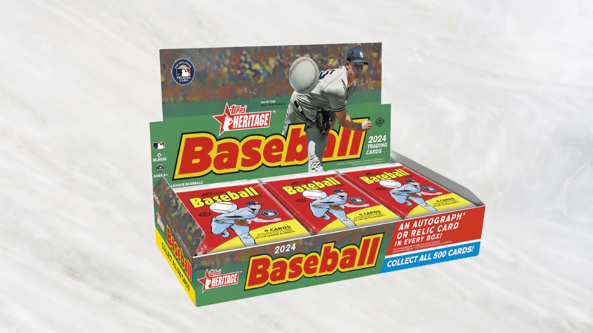 2024 Heritage Baseball trading cards box featuring vibrant packaging with player imagery, promising autographs or relic cards in every pack, displayed on a white marbled background.