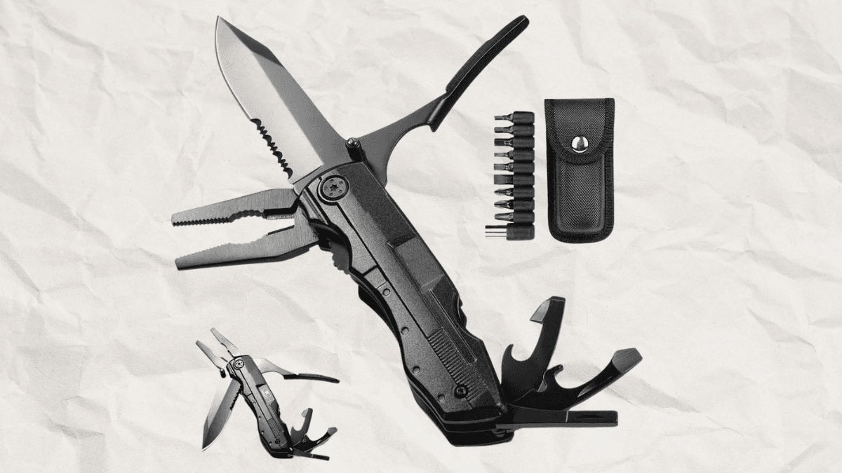 Black multifunctional survival tool featuring a knife, pliers, screwdriver attachments, and a carrying pouch, displayed on a textured background.