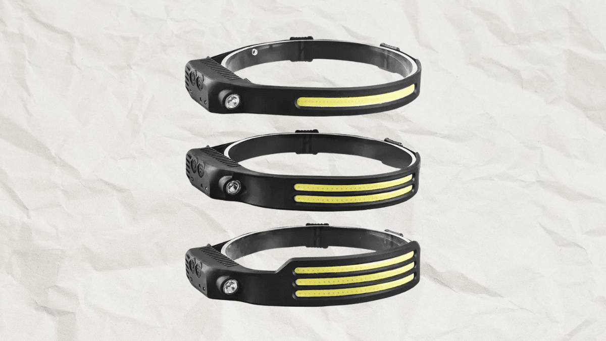 Set of three black LED headlamps with adjustable straps, featuring bright yellow light strips and side-mounted spotlights, displayed on a textured background.