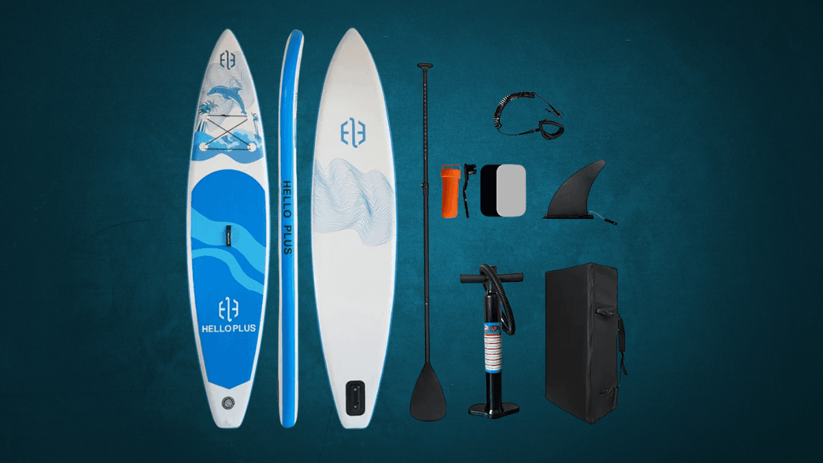 Stand-up paddleboard set featuring two blue and white boards, an adjustable paddle, a hand pump, a detachable fin, a waterproof phone case, ankle leash, and a carry bag, displayed on a dark teal background.