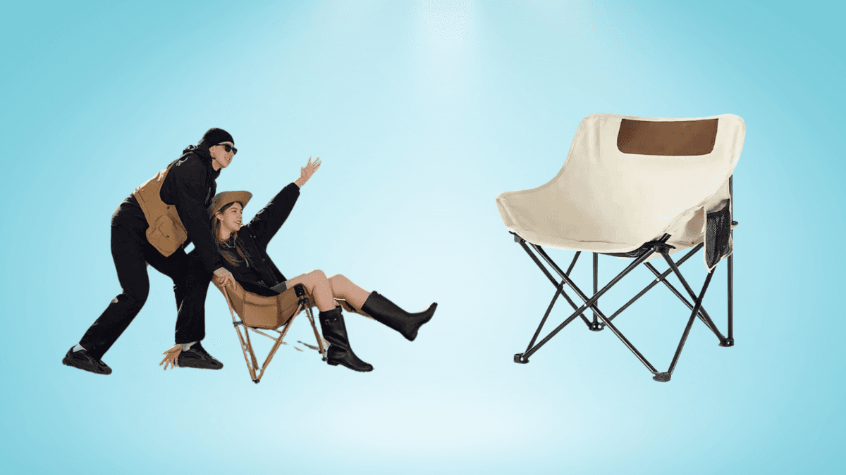 Portable camping chair with a beige fabric seat and sturdy black folding frame. On the left, two individuals demonstrate the chair's comfort and stability in an outdoor setting against a light blue background.