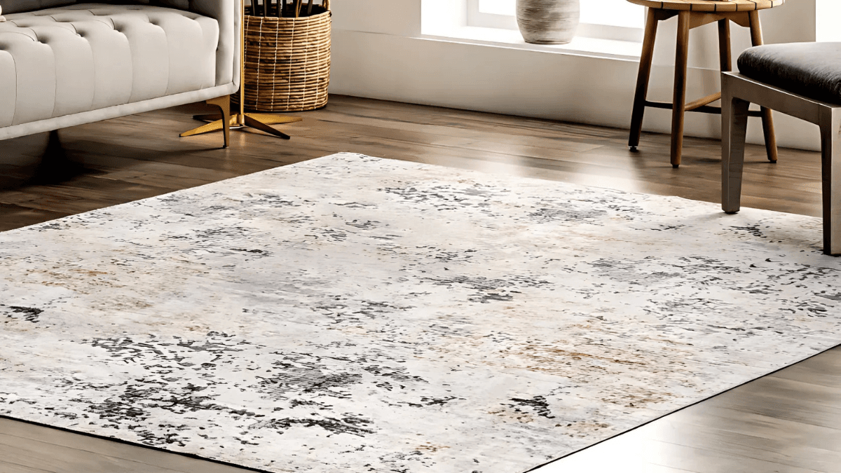 Contemporary area rug with abstract patterns in neutral tones, ideal for modern living spaces.
