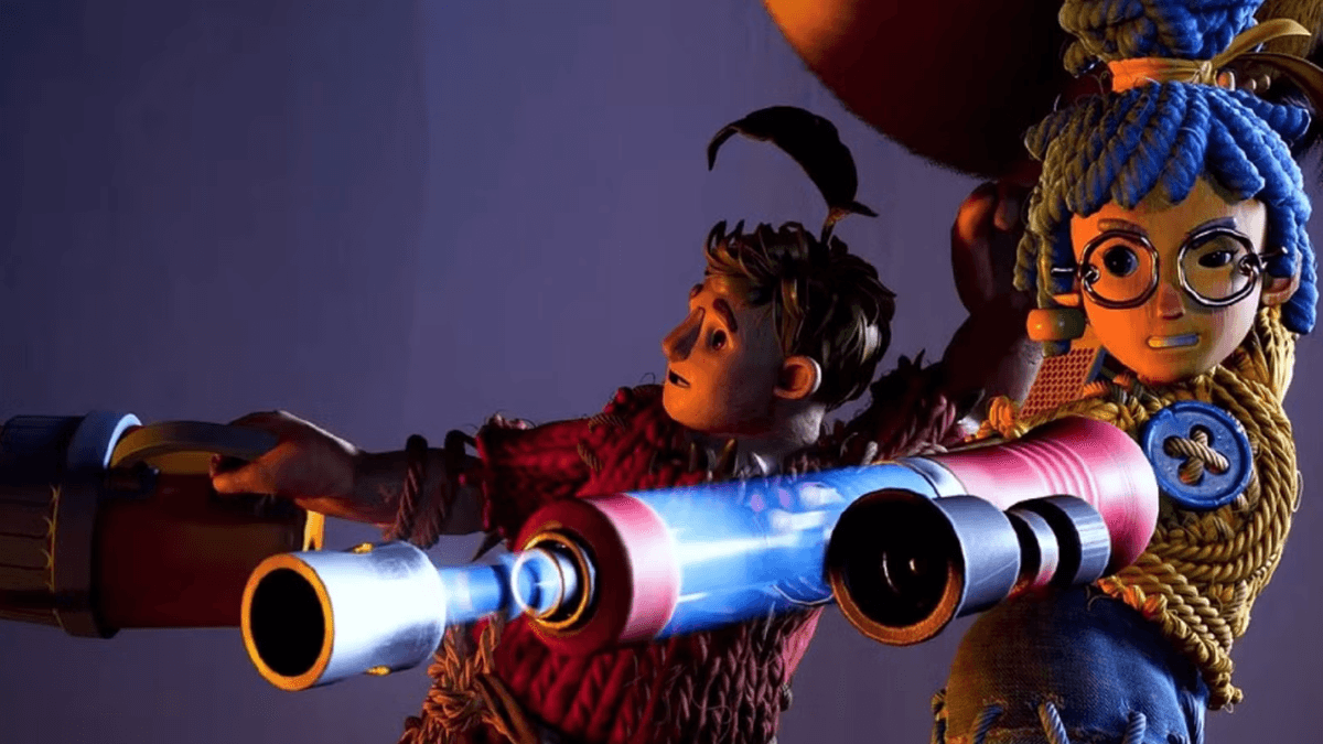 Two animated characters from a video game, a man and a woman, wielding colorful makeshift weapons, with determined expressions and a dynamic action pose.