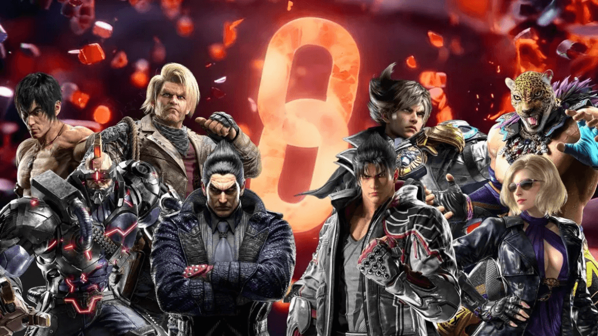 A group of characters from the fighting game "Tekken 8," featuring diverse fighters in dynamic poses, with the number "8" glowing in the background.