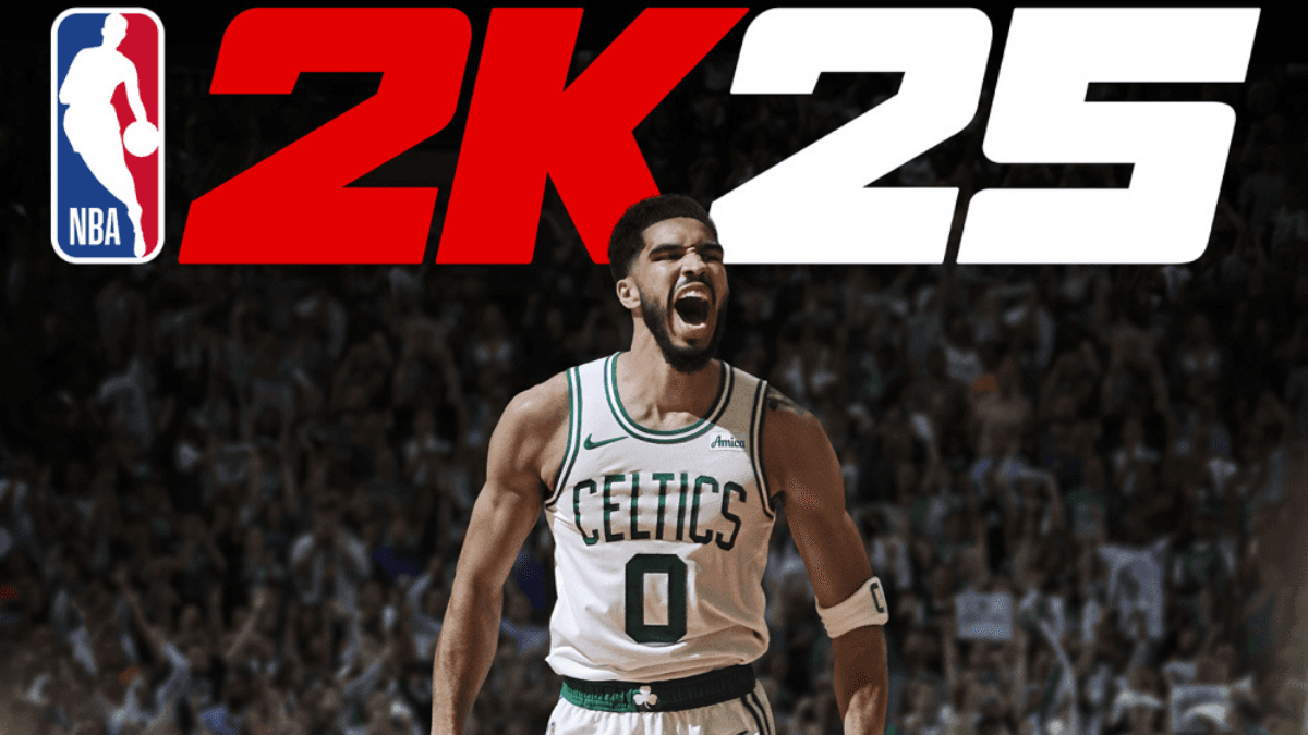 An NBA player wearing a Celtics jersey passionately celebrating, featured under the "NBA 2K25" logo with a cheering crowd in the background.