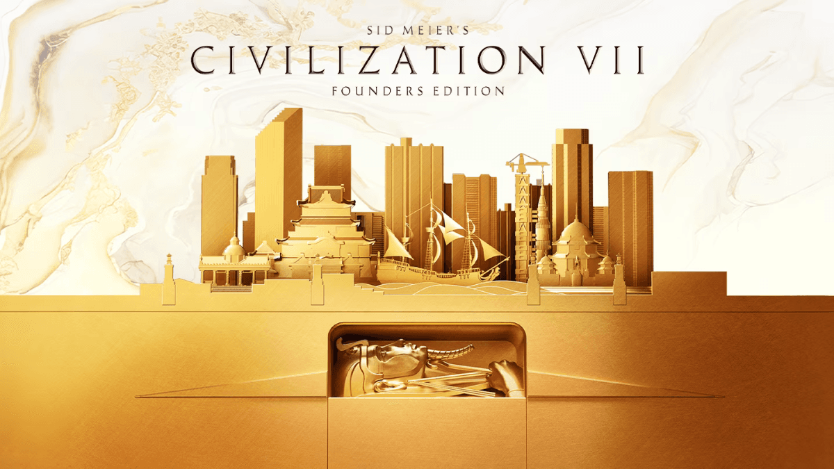 A promotional image for "Sid Meier's Civilization VII Founders Edition," featuring a golden cityscape with iconic structures and a luxurious design theme.