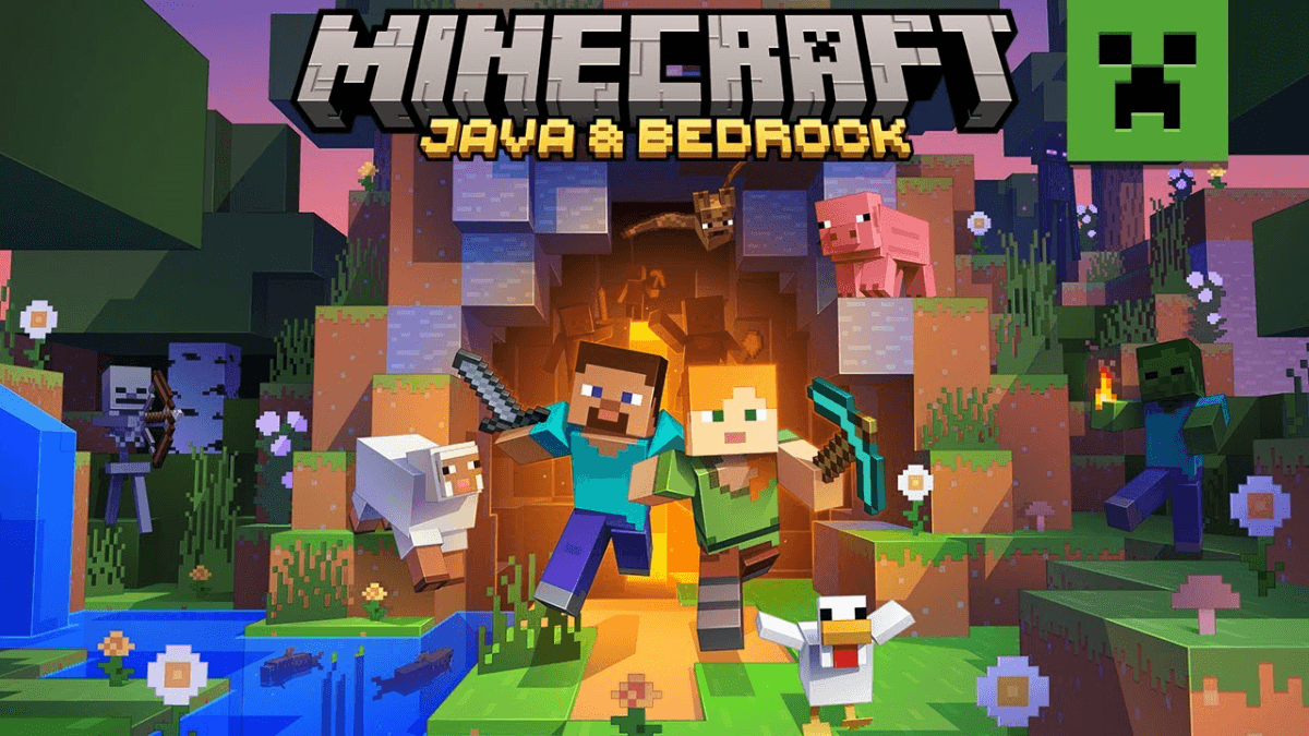 "Minecraft: Java & Bedrock," featuring blocky characters, animals, and creatures exploring a cave entrance, with vibrant landscapes and the iconic Creeper logo in the corner.
