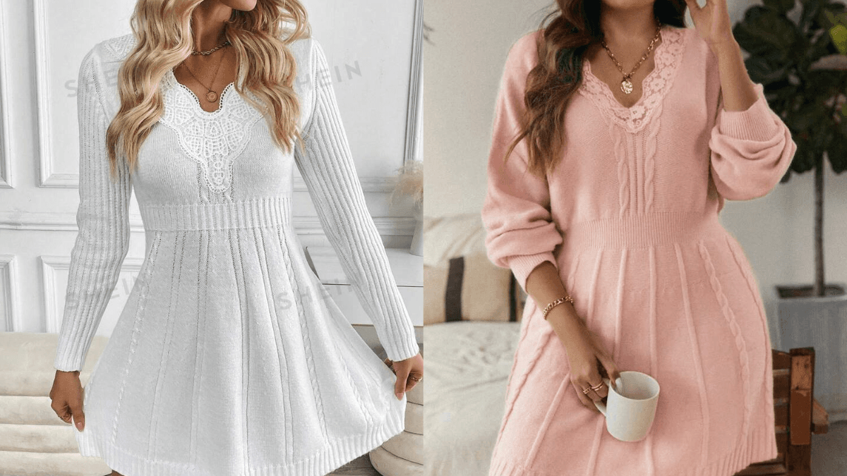 Two women wearing knitted dresses with lace detailing. One wears a white long-sleeve dress, and the other wears a pink long-sleeve dress, holding a coffee cup.