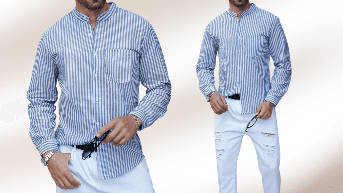 A man wearing a blue-and-white striped mandarin-collar shirt paired with white ripped jeans, holding sunglasses in one hand.