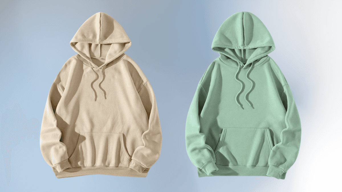 Two plain hoodies displayed side by side. One is beige, and the other is light green, both featuring drawstrings and a front pocket.