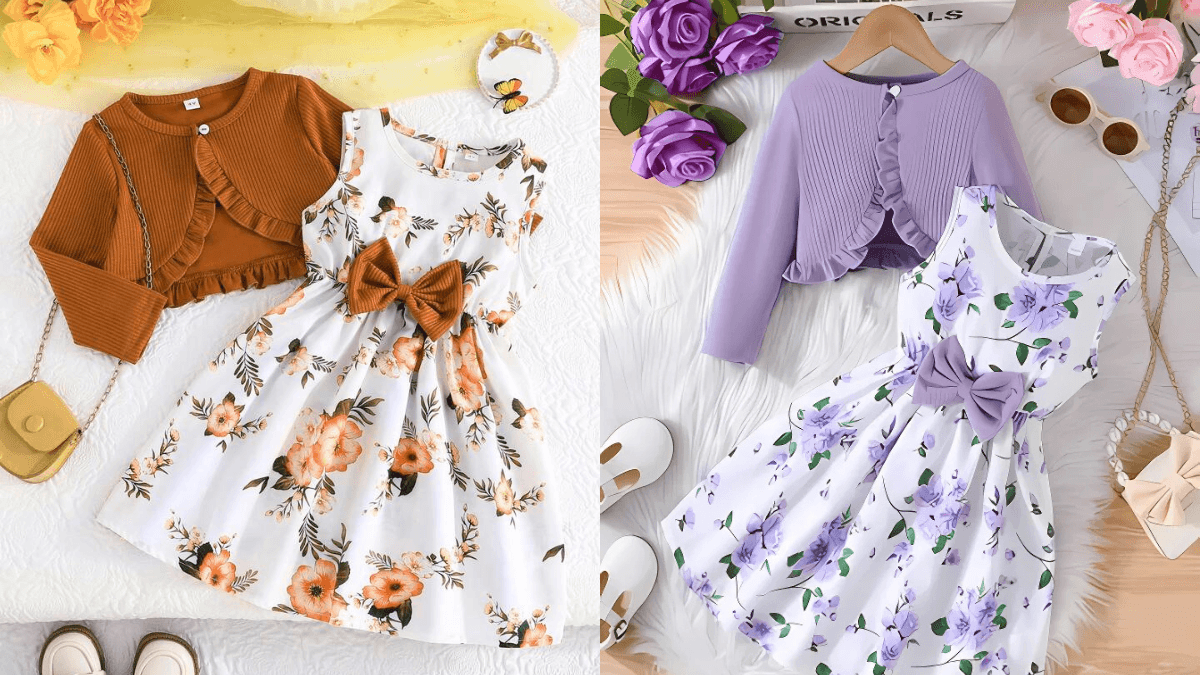 Two floral dresses for kids, one with an orange cardigan and bow, the other with a purple cardigan and bow.
