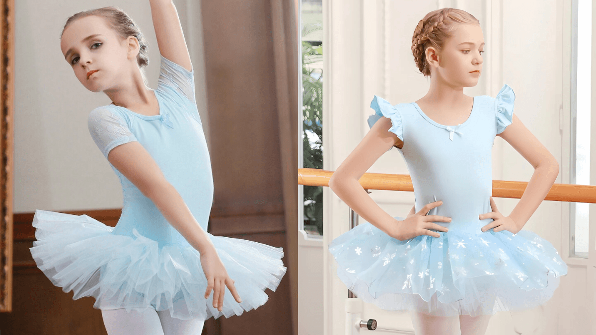 Two young girls in light blue ballet tutus, one with short sleeves and the other with ruffled sleeves, posing gracefully.