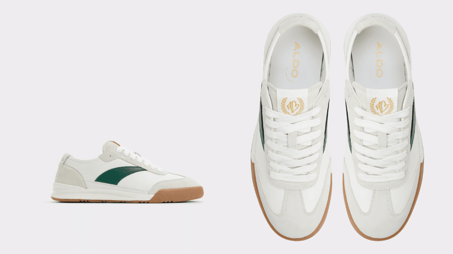 White and green Aldo sneakers with a gum sole, shown in side and top views.