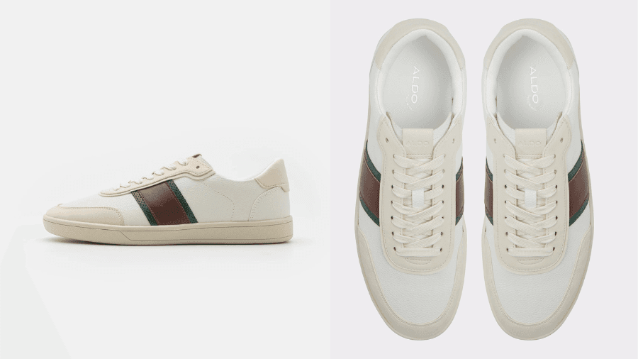 Beige Aldo sneakers with brown and green stripes, displayed in side and top views.