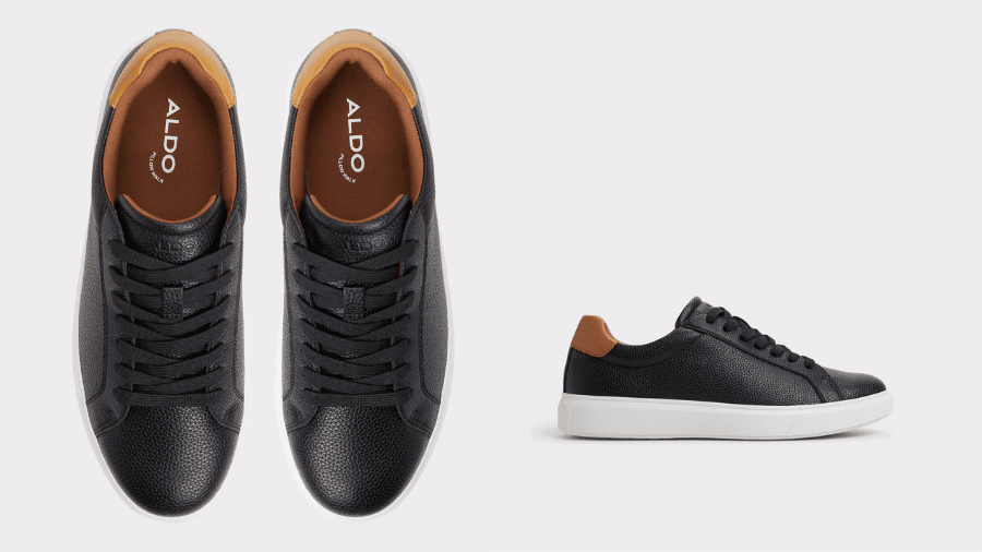 Black Aldo sneakers with brown heel accents, shown in top and side views.