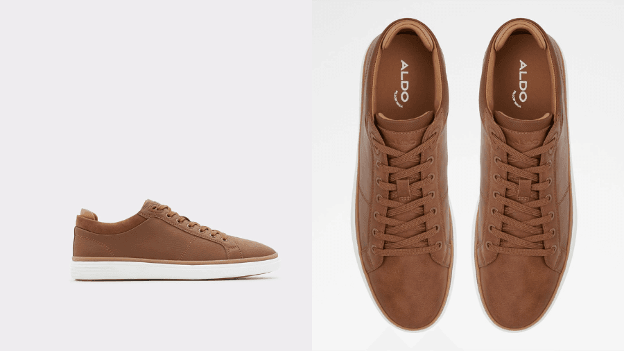 Brown Aldo sneakers with a sleek design, shown in side and top views.
