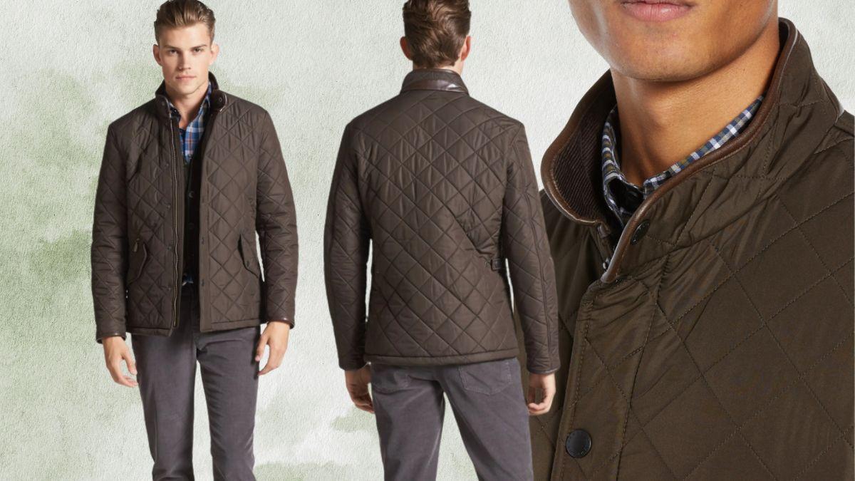 A man wearing a quilted brown jacket, shown from the front, back, and close-up to highlight its design, fit, and collar details against a neutral background.