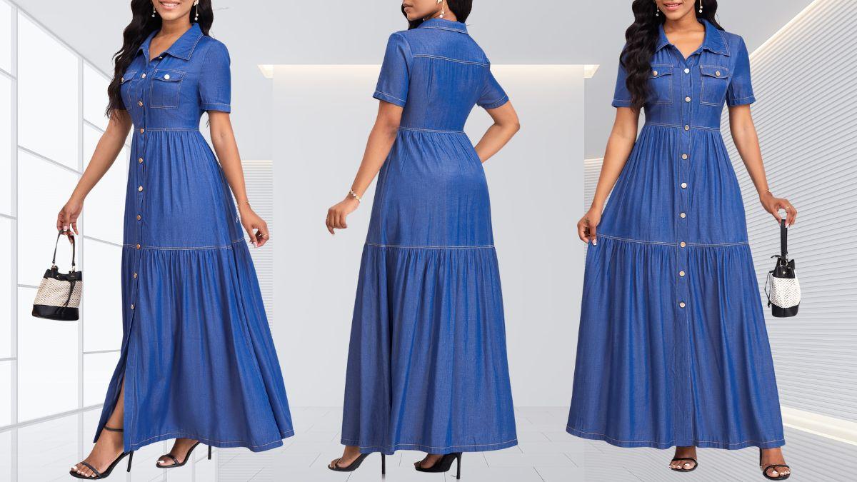 A woman models a long blue denim dress with short sleeves, a button-up front, a shirt collar, and a tiered skirt.