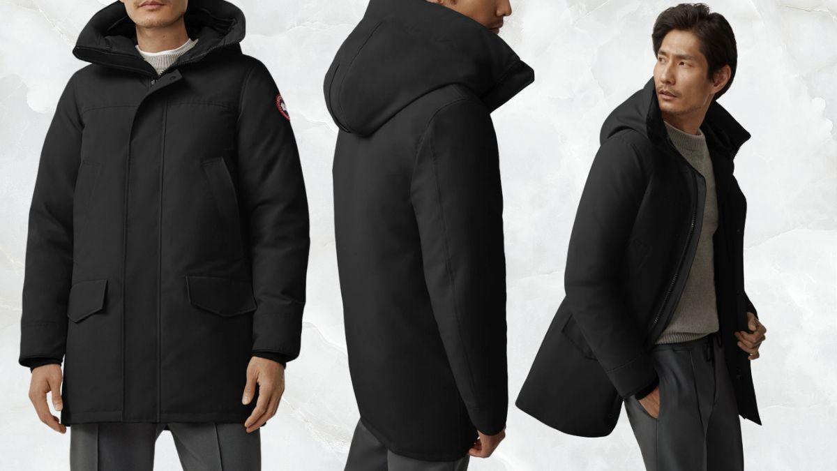 A man wearing a black winter parka, shown from different angles to highlight its fit, design, and hood coverage against a neutral background.