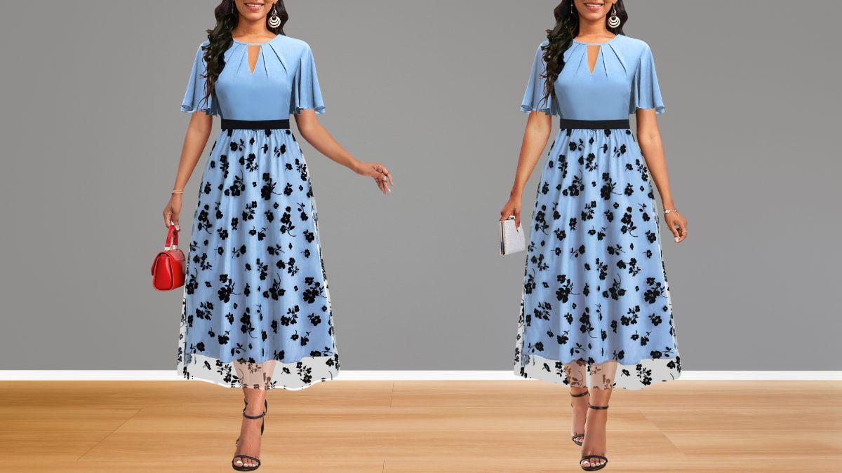 A woman wears a light blue dress with short sleeves, black floral mesh overlay, a fitted waist, and a flowy skirt.