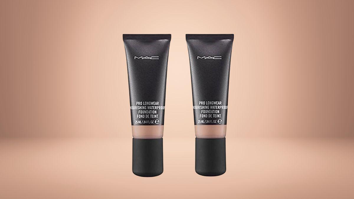 Two tubes of MAC Pro Longwear Nourishing Waterproof Foundation displayed against a warm beige background.