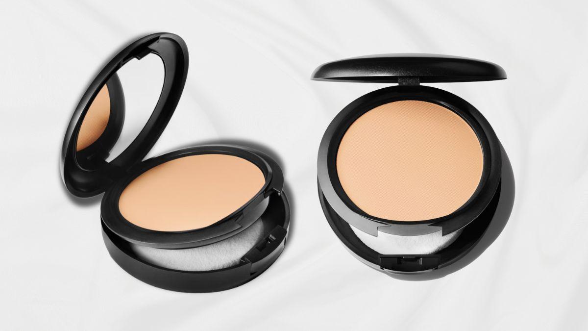 Two open MAC Studio Fix Powder Plus Foundation compacts with pressed powder and a sponge.