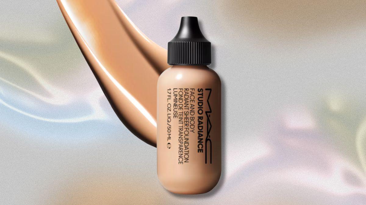 A bottle of MAC Studio Radiance Face and Body Radiant Sheer Foundation with a smooth foundation swatch in the background.