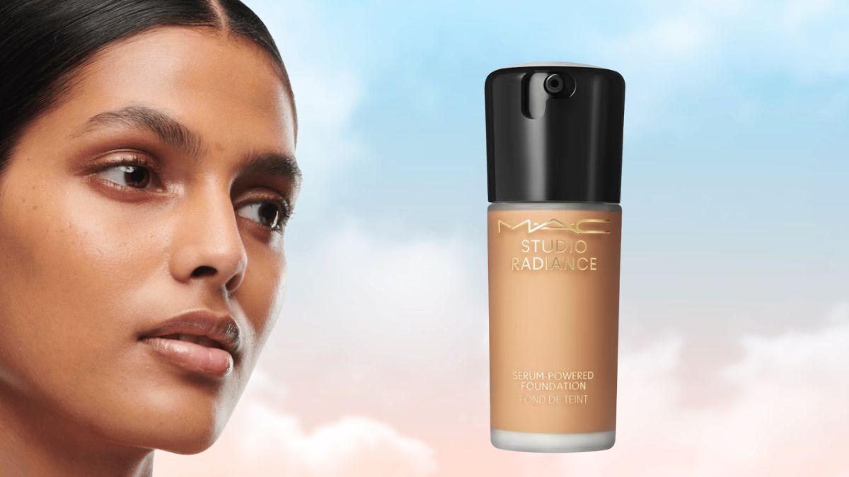 A close-up of a model with glowing skin next to a bottle of MAC Studio Radiance Serum Foundation, set against a soft sky background.