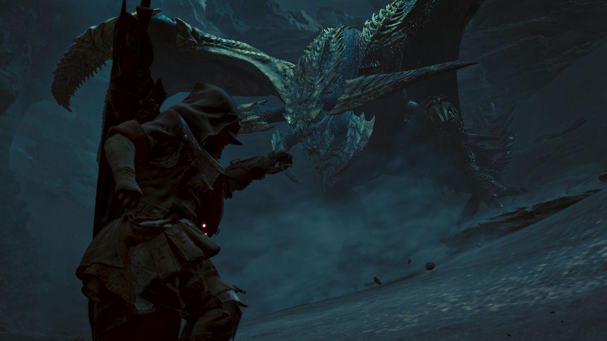 A hunter in dark armor faces a massive, blue-scaled dragon in a dark and stormy battlefield.