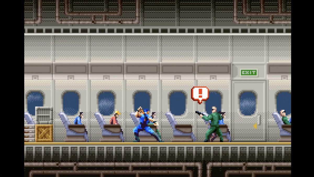 A pixel-art action scene from Ninja Five-O shows a ninja battling an armed enemy inside an airplane, with passengers seated in the background.