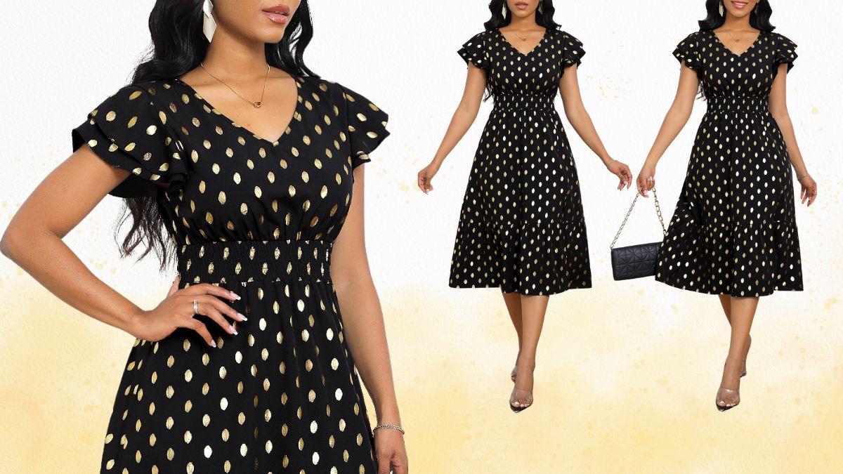 A woman wears a black dress with gold polka dots, short ruffle sleeves, a fitted waist, and a flowy midi skirt.