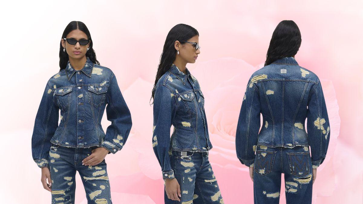 A model wears a blue distressed denim jacket with a fitted corset-style shape, shown from the front, side, and back against a soft pink background.