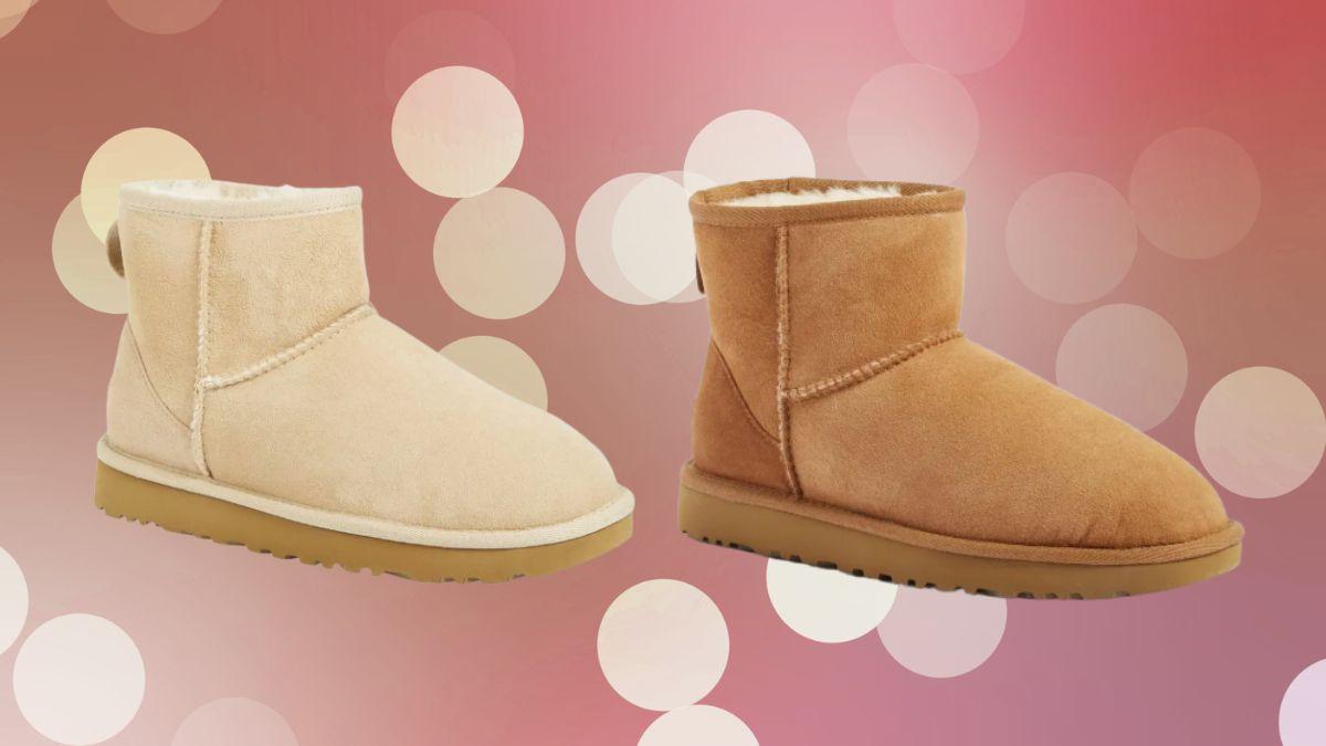 Two UGG Classic Mini II Boots in light beige and chestnut colors on a pink background with soft glowing circles.