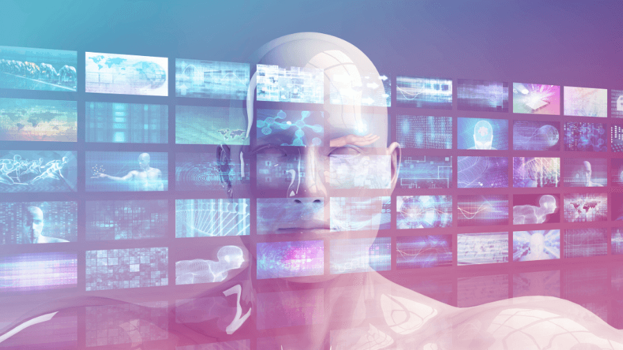 A futuristic AI concept featuring a digital human face overlaid with multiple data screens, symbolizing artificial intelligence and virtual interfaces.