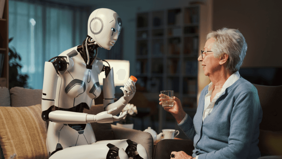 A humanoid robot assisting an elderly woman by handing her medication in a cozy home setting, representing AI in elderly care.