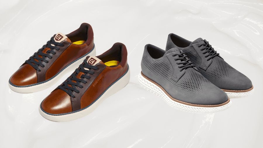 Two pairs of men's shoes: brown leather sneakers and gray perforated oxfords on a glossy white surface.