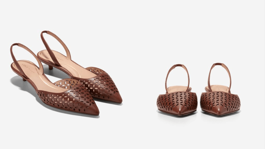 A pair of brown leather slingback flats with a pointed toe and intricate cutout design, displayed from two angles against a white background.